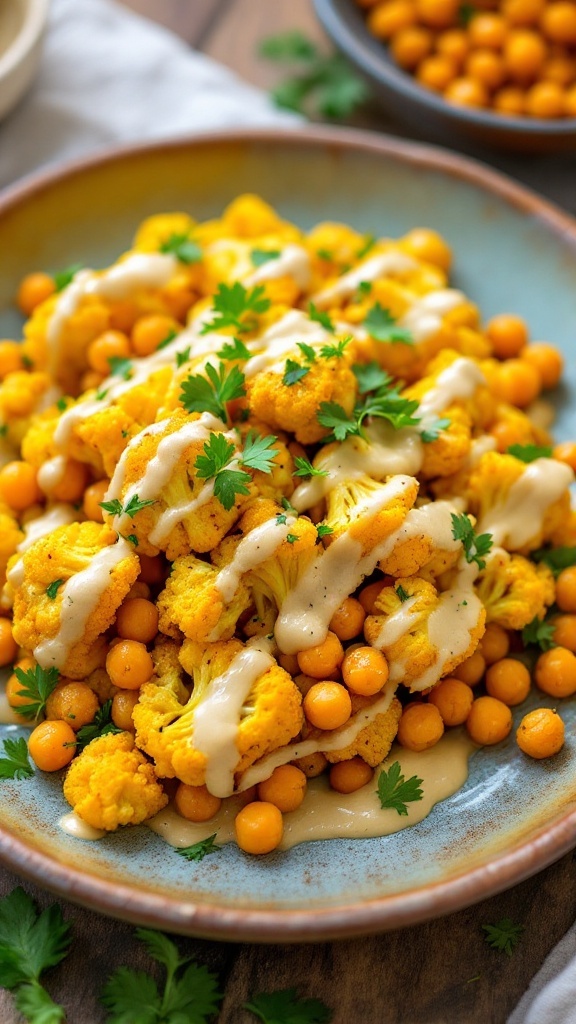 Turmeric roasted cauliflower and chickpeas with tahini drizzle on a rustic plate, garnished with herbs.